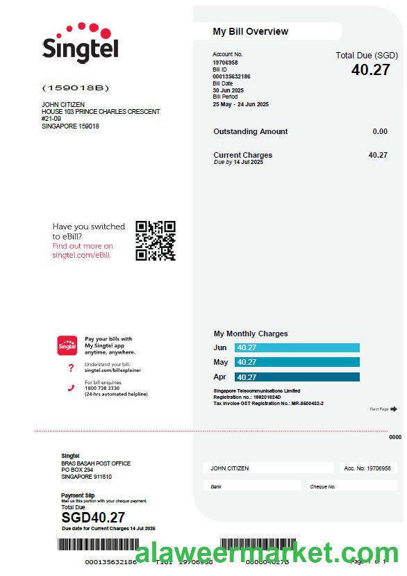 Singapore Singtel utility bill template in Word and PDF formats